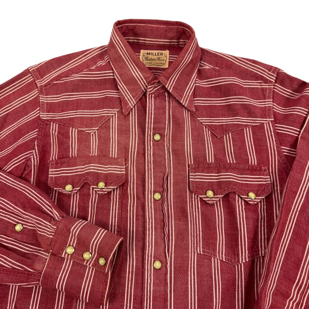 Vintage Miller Western Wear Shirt Mens Medium Red Stripe Pearl Snap Rodeo Cowboy